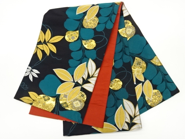  葉に華文模様織出し袋帯